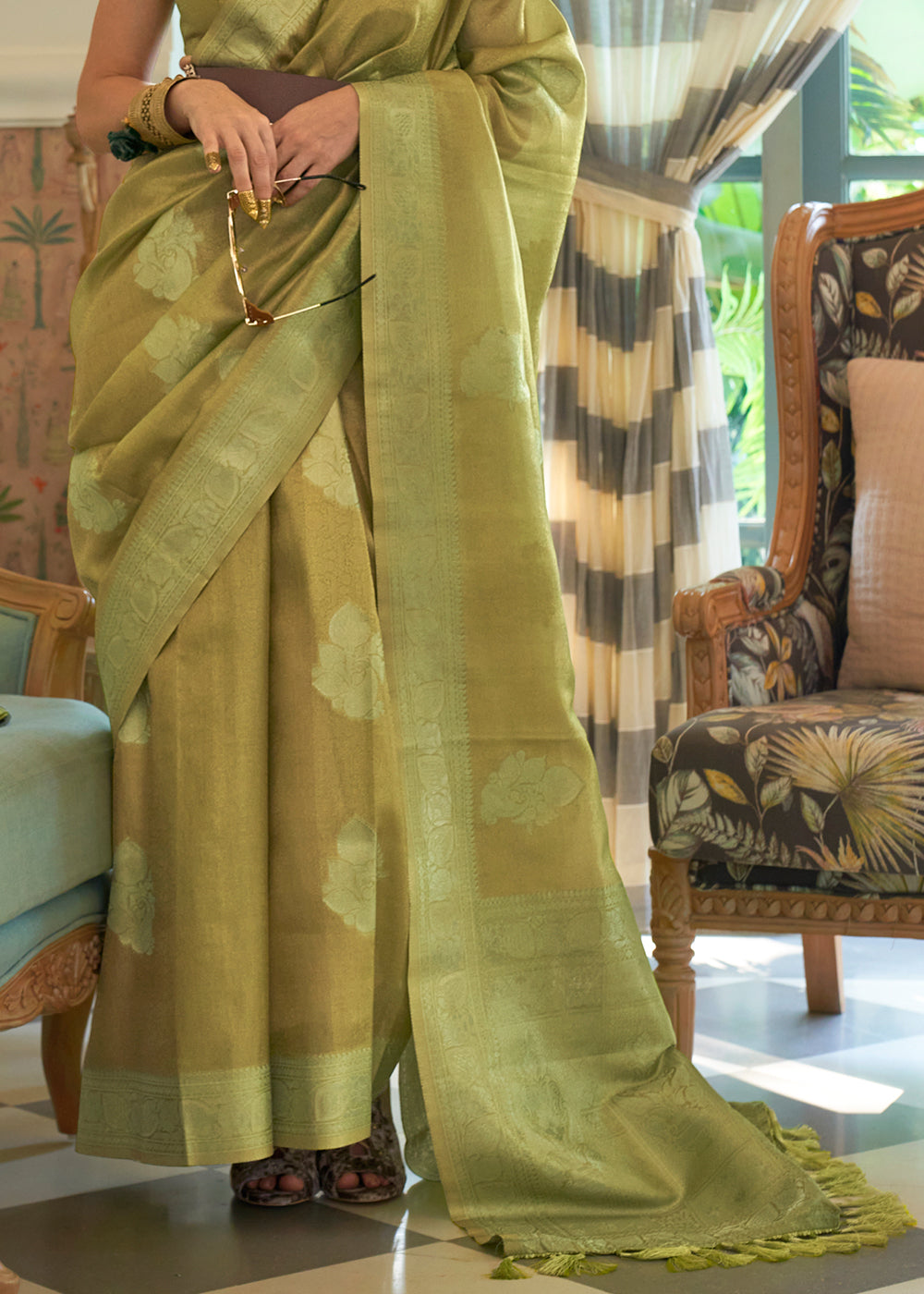 Shades Of Green Woven Satin Tissue Silk Saree - Colorful Saree