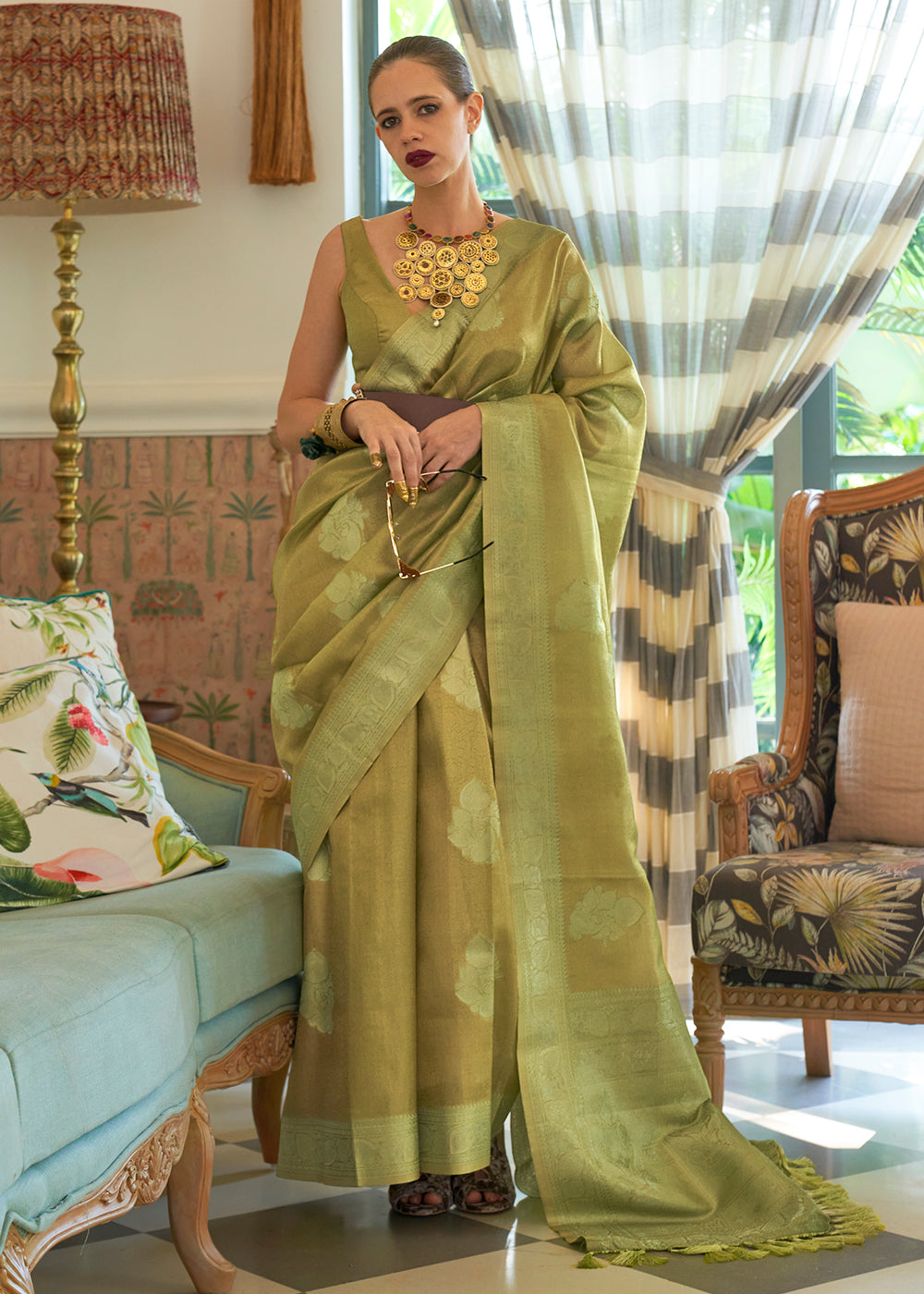 Shades Of Green Woven Satin Tissue Silk Saree - Colorful Saree