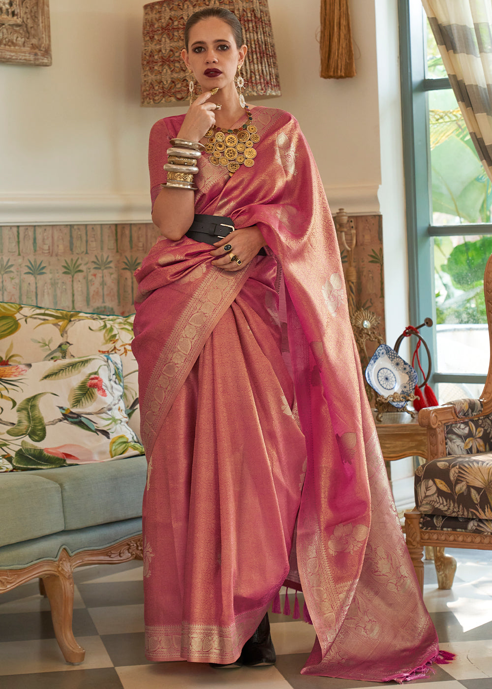 Shades Of Pink Woven Satin Tissue Silk Saree - Colorful Saree