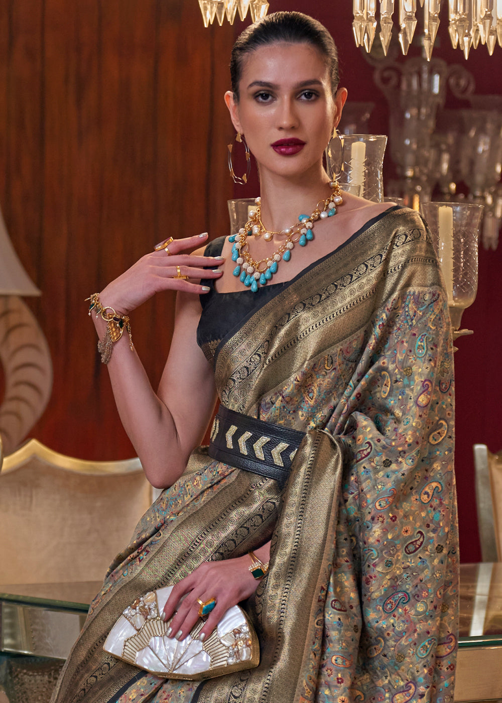 Golden Black Kashmiri Jamawar Woven Silk Saree - Colorful Saree