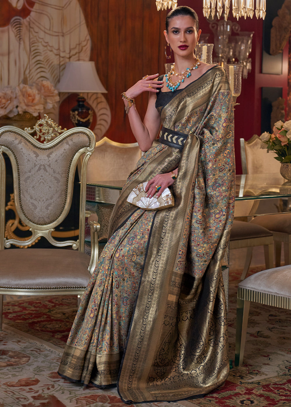 Golden Black Kashmiri Jamawar Woven Silk Saree - Colorful Saree