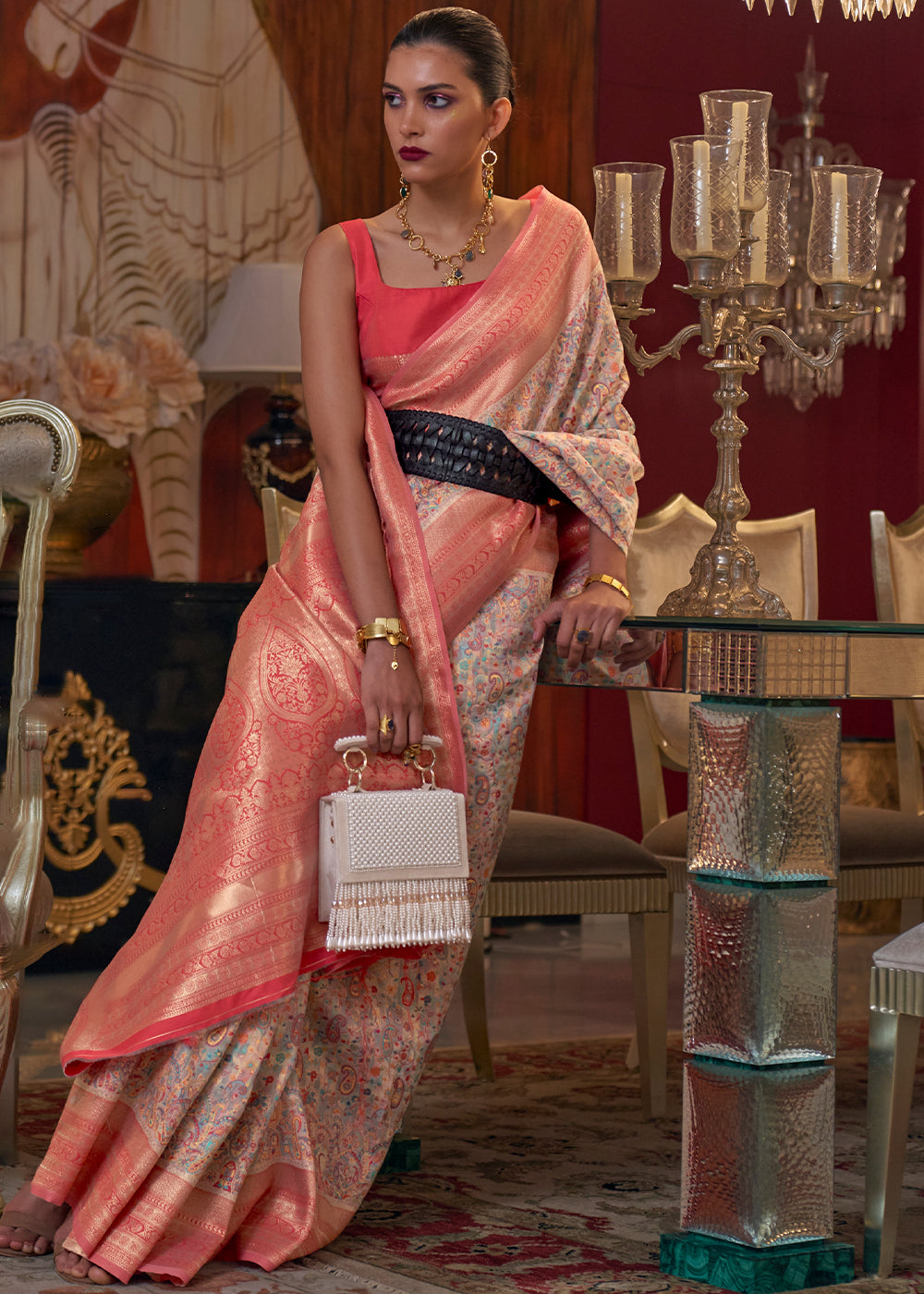 Peach Pink Kashmiri Jamawar Woven Silk Saree - Colorful Saree