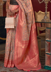 Peach Pink Kashmiri Jamawar Woven Silk Saree - Colorful Saree