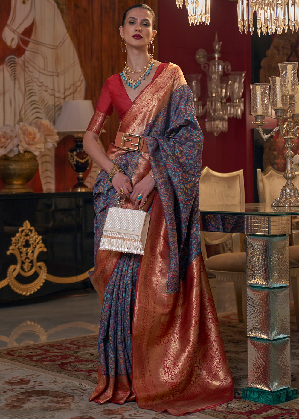 Navy Blue Kashmiri Jamawar Woven Silk Saree - Colorful Saree