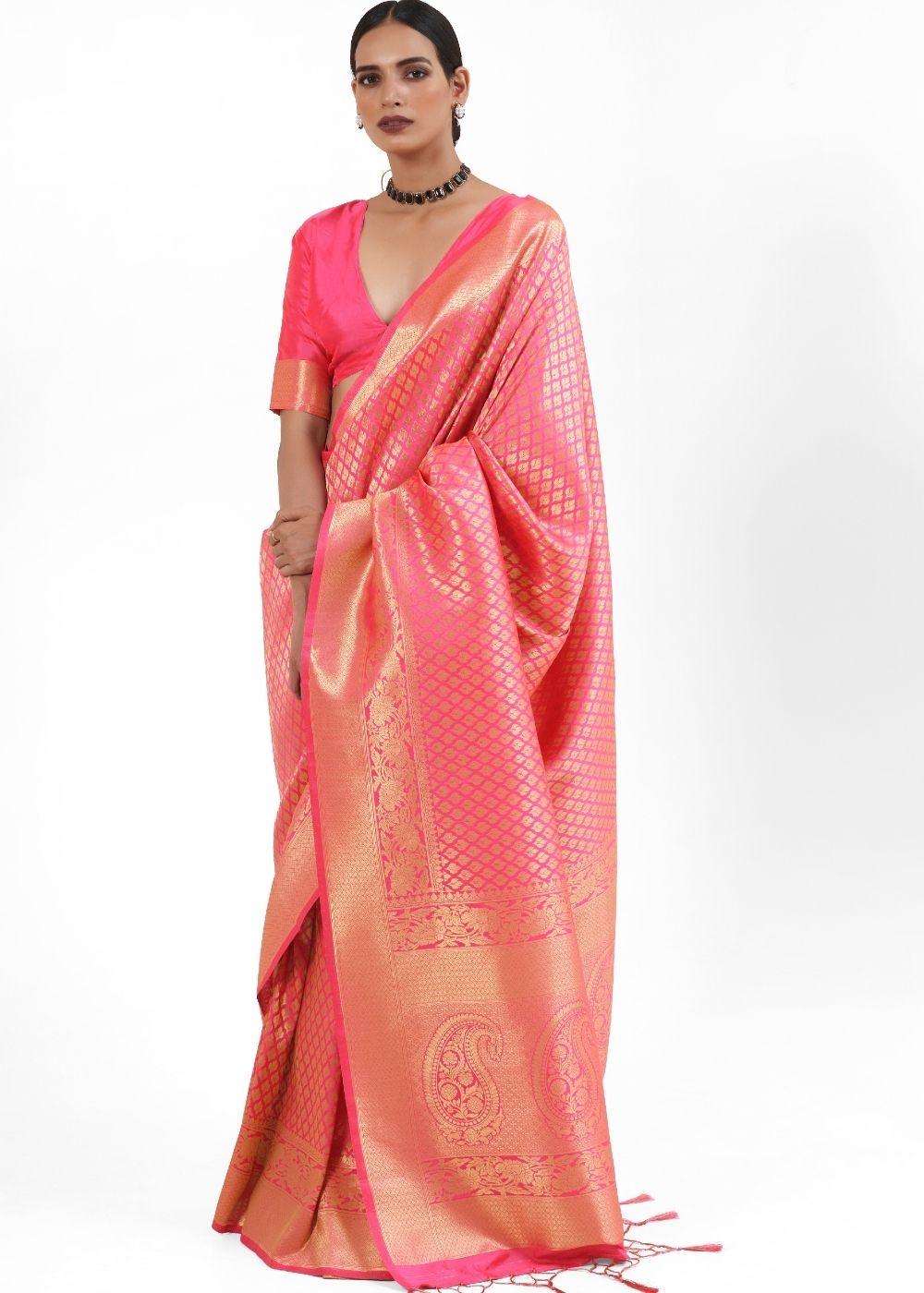 Vivid Pink Kanjivaram Soft Woven Silk Saree - Colorful Saree