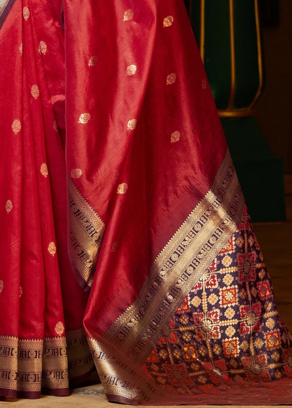Cherry Red Woven Banarasi Silk Saree with Patola Pallu and Blouse - Colorful Saree