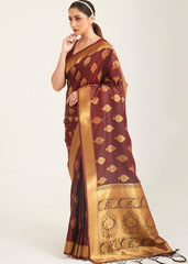 Caramel Brown Zari Butta Woven Banasari Silk Saree - Colorful Saree