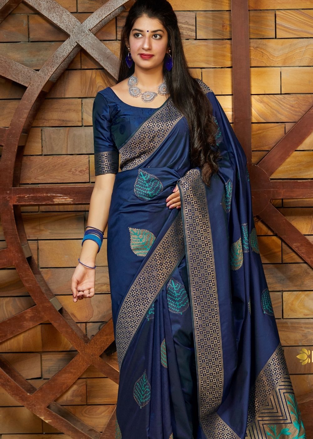 Navy Blue Silk Saree with Zari Border - Colorful Saree