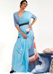 Baby Blue Digital Printed Satin Crepe Saree - Colorful Saree