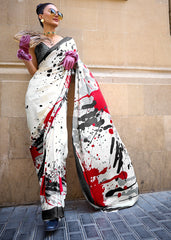 Rice White Designer Satin Crepe Printed Saree - Colorful Saree