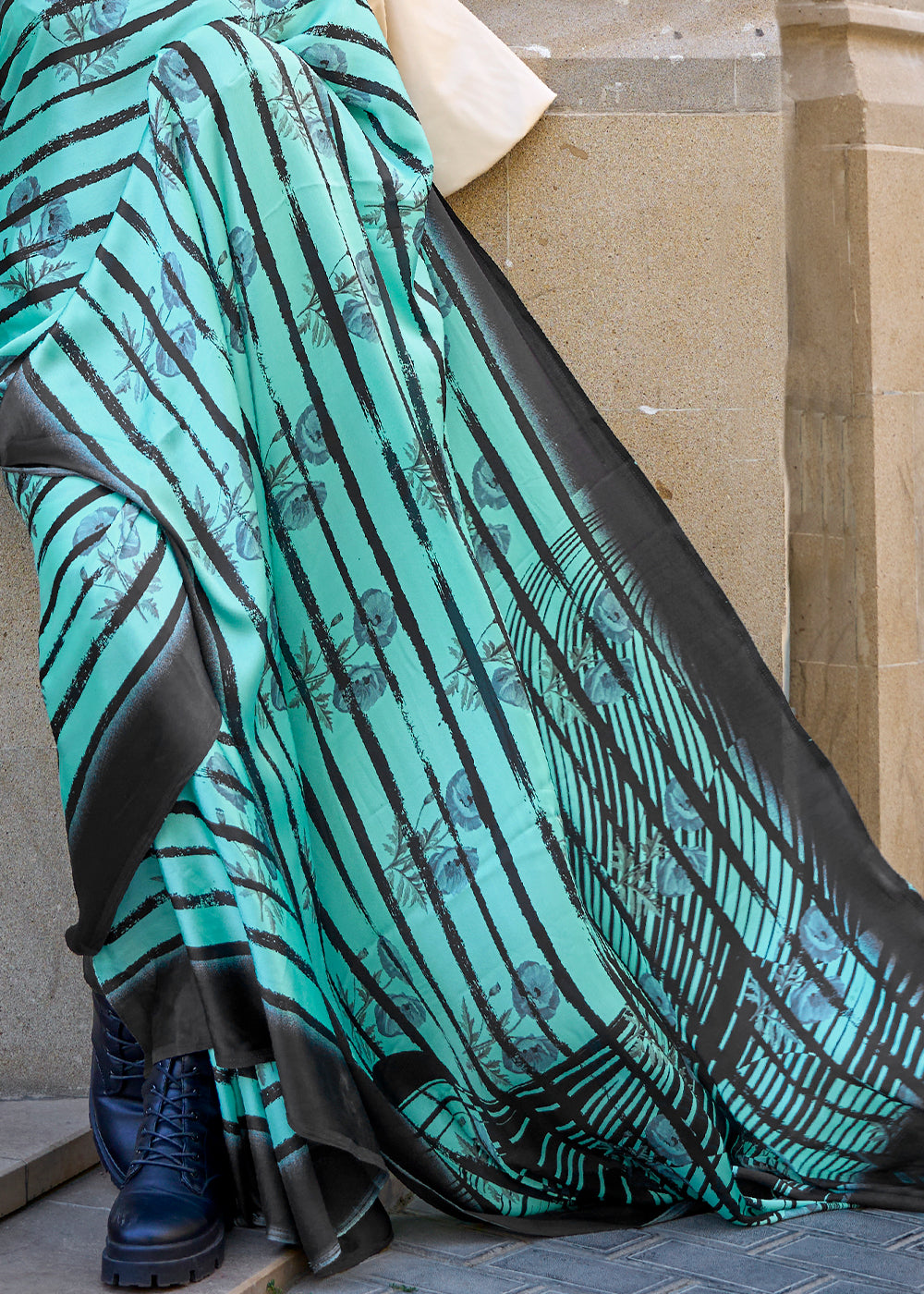 Tiffany Blue Designer Satin Crepe Printed Saree - Colorful Saree