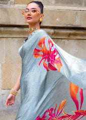 Pearl River Grey Designer Satin Crepe Printed Saree - Colorful Saree