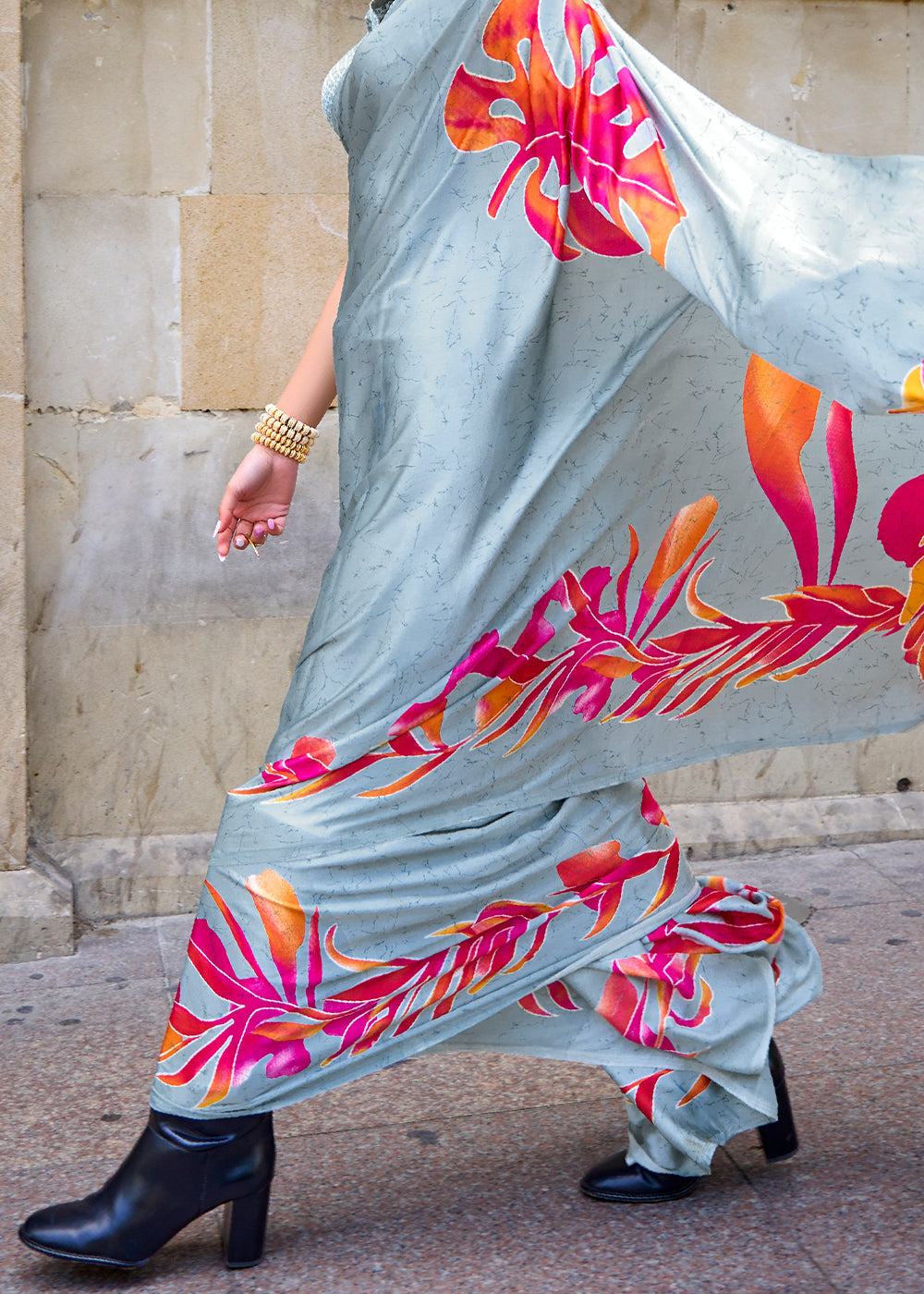 Pearl River Grey Designer Satin Crepe Printed Saree - Colorful Saree
