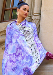 White & Purple Designer Satin Crepe Printed Saree - Colorful Saree