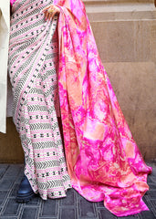 White & Pink Designer Satin Crepe Printed Saree - Colorful Saree