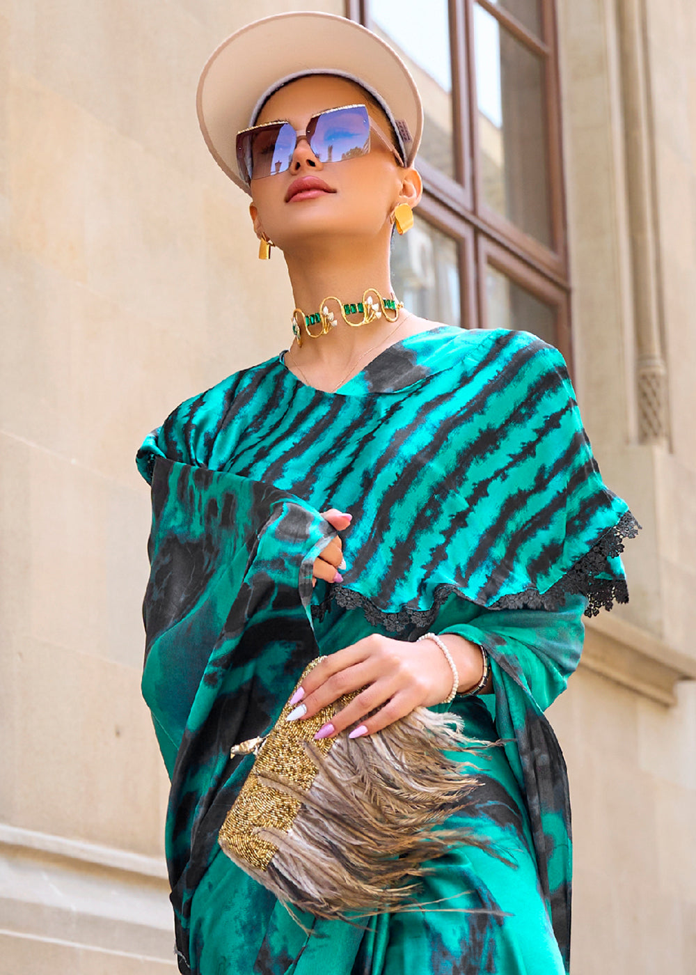 Dark Cyan Green Designer Satin Crepe Printed Saree - Colorful Saree