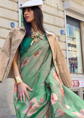 Shades Of Green Floral Printed Satin Organza Saree - Colorful Saree