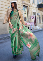 Shades Of Green Floral Printed Satin Organza Saree - Colorful Saree