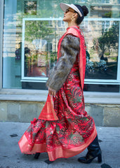 Crimson Red Floral Printed Satin Organza Saree - Colorful Saree