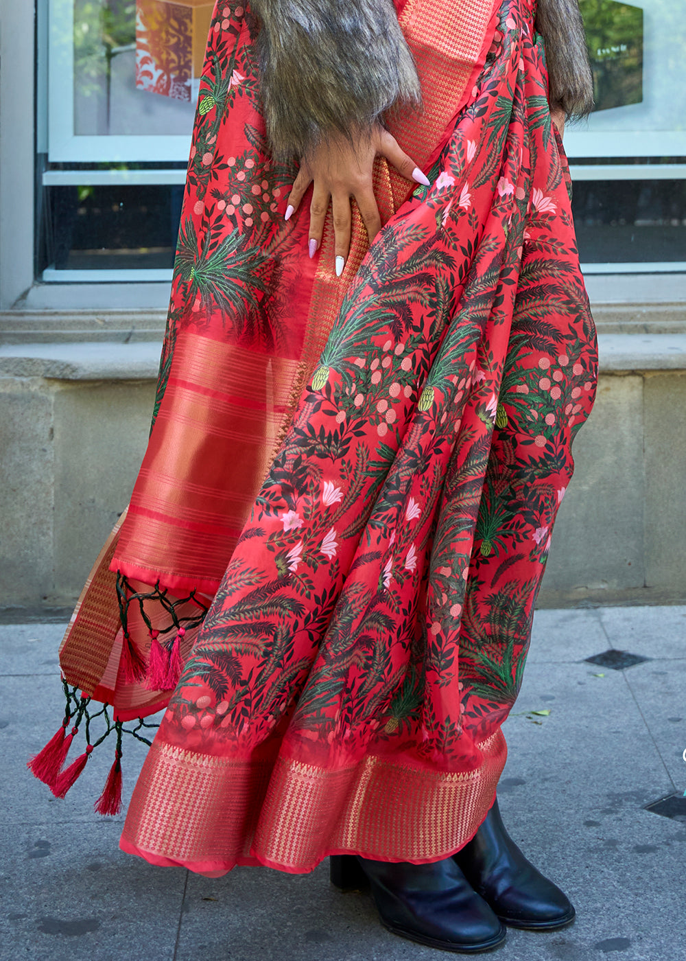 Crimson Red Floral Printed Satin Organza Saree - Colorful Saree