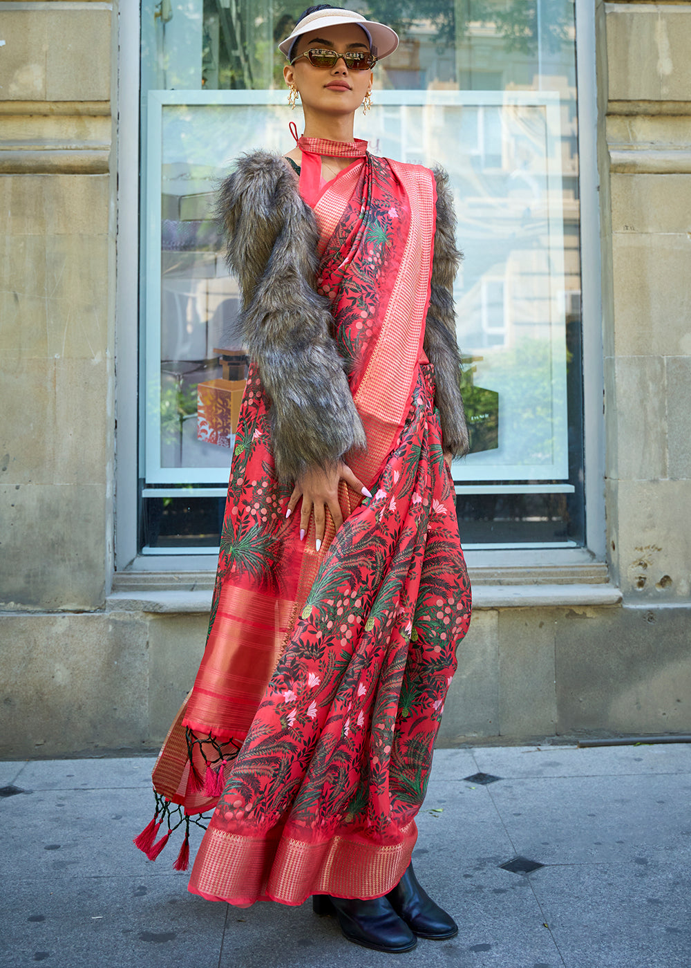 Crimson Red Floral Printed Satin Organza Saree - Colorful Saree