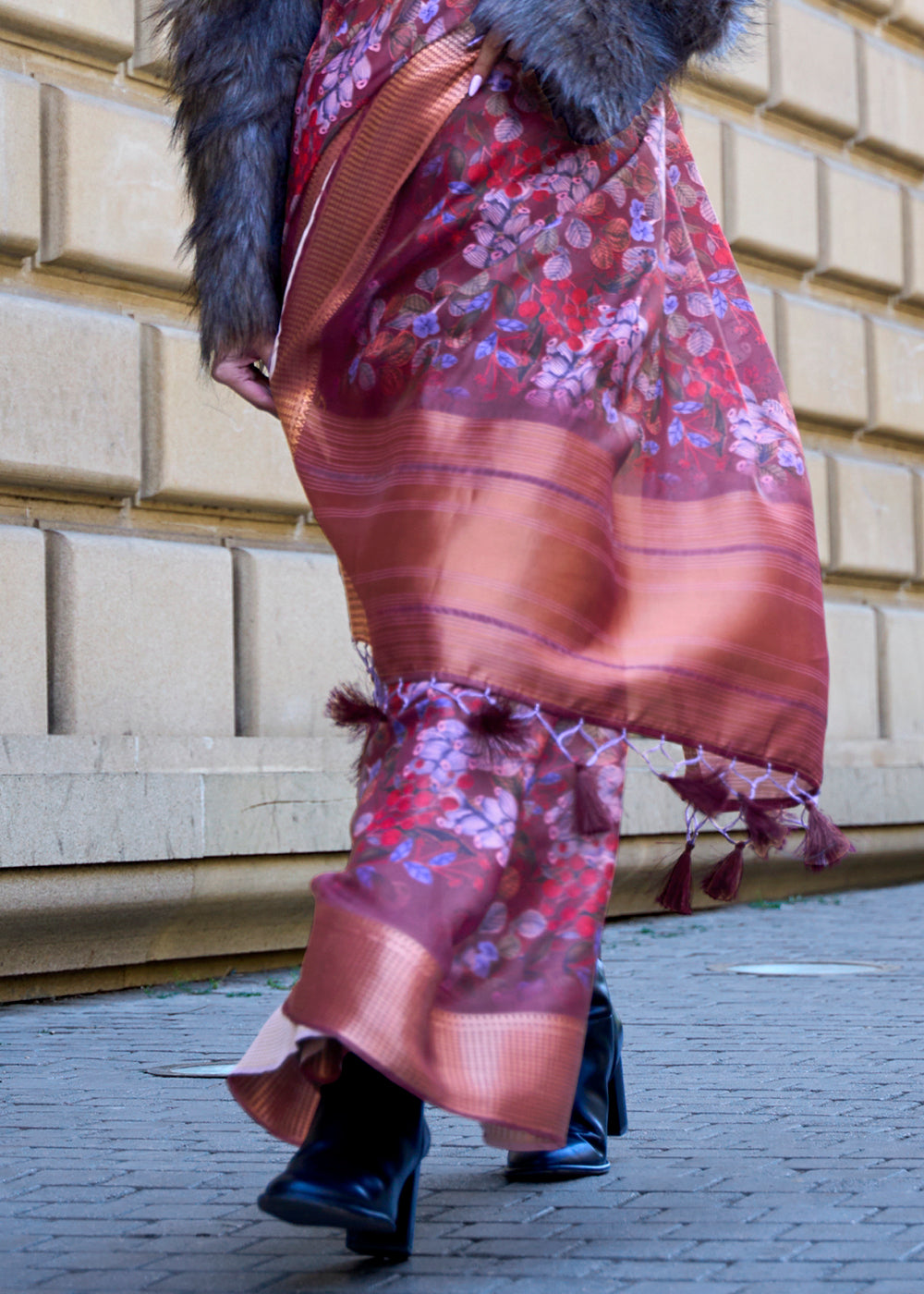 Shades Of Purple Floral Printed Satin Organza Saree - Colorful Saree