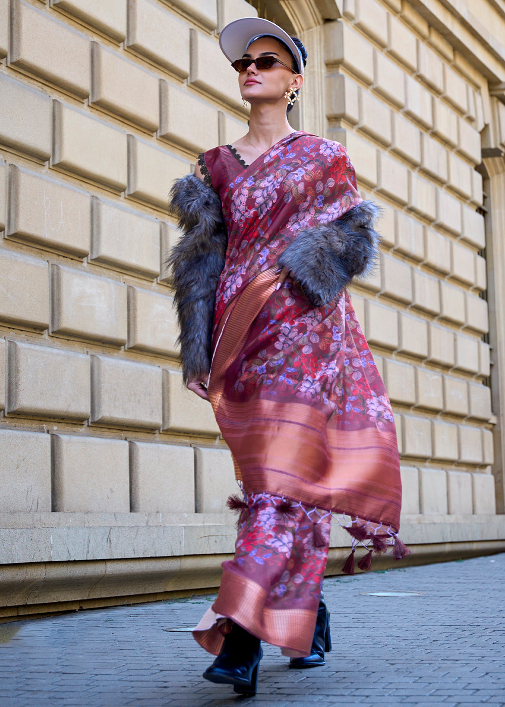 Shades Of Purple Floral Printed Satin Organza Saree - Colorful Saree