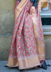 Pink & Beige Floral Printed Satin Organza Saree - Colorful Saree