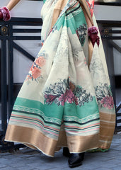 Pearl White Floral Printed Satin Organza Saree - Colorful Saree