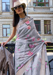 Misty Grey Floral Printed Satin Organza Saree - Colorful Saree