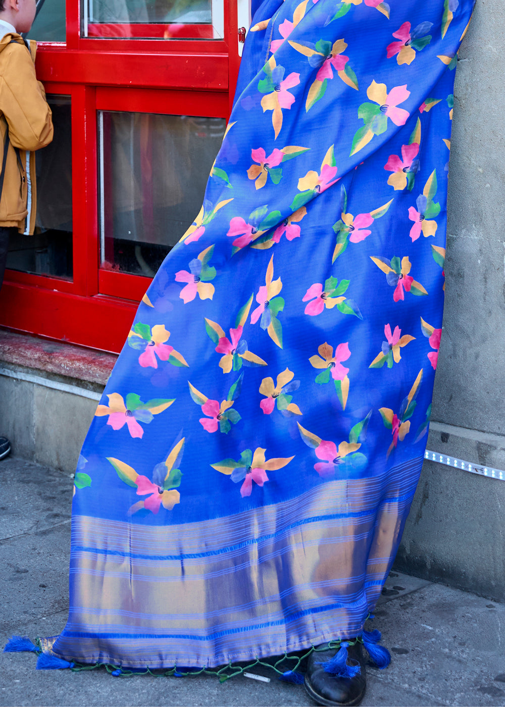 Cobalt Blue Floral Printed Satin Organza Saree - Colorful Saree