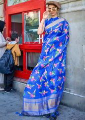 Cobalt Blue Floral Printed Satin Organza Saree - Colorful Saree