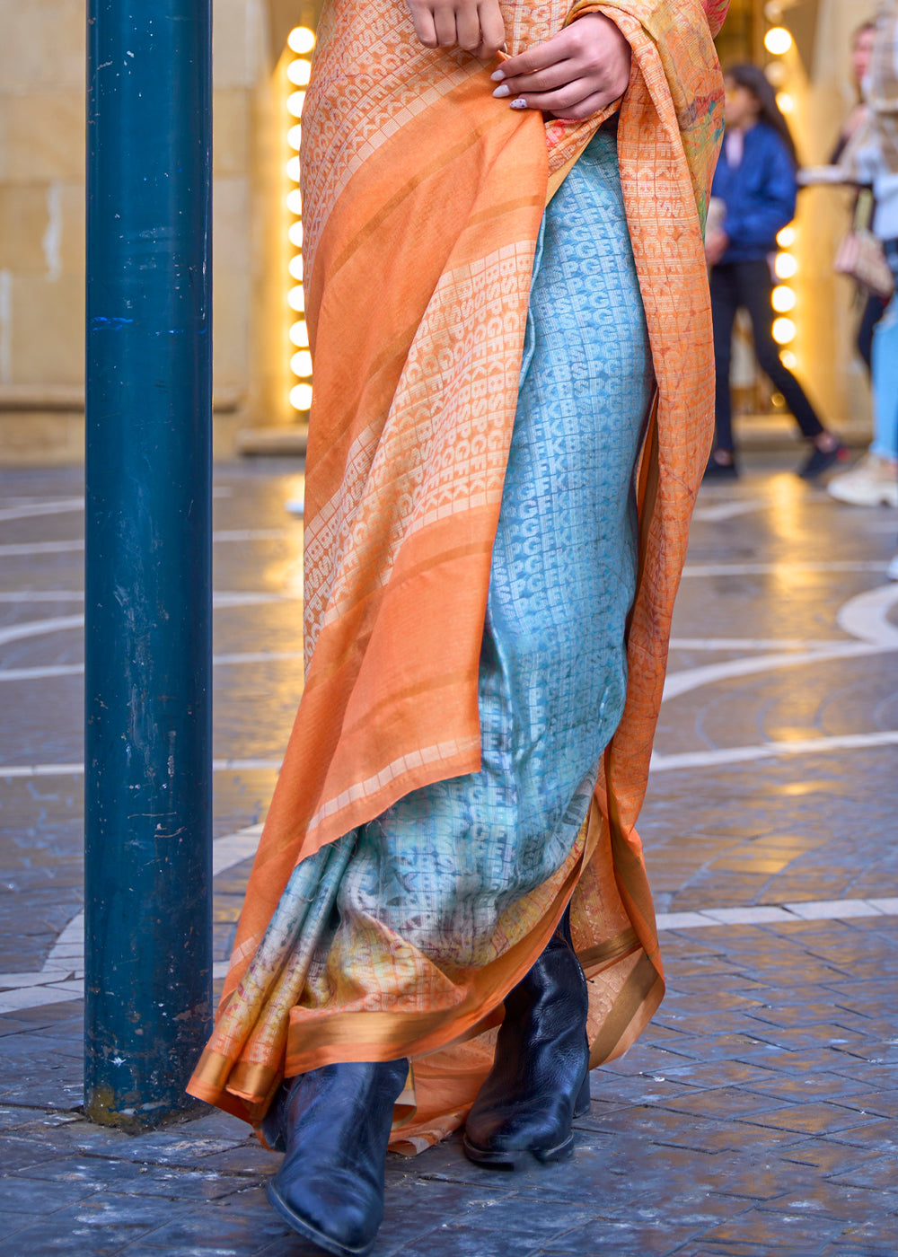 Blue & Orange Digital Printed Poly Viscose Saree - Colorful Saree