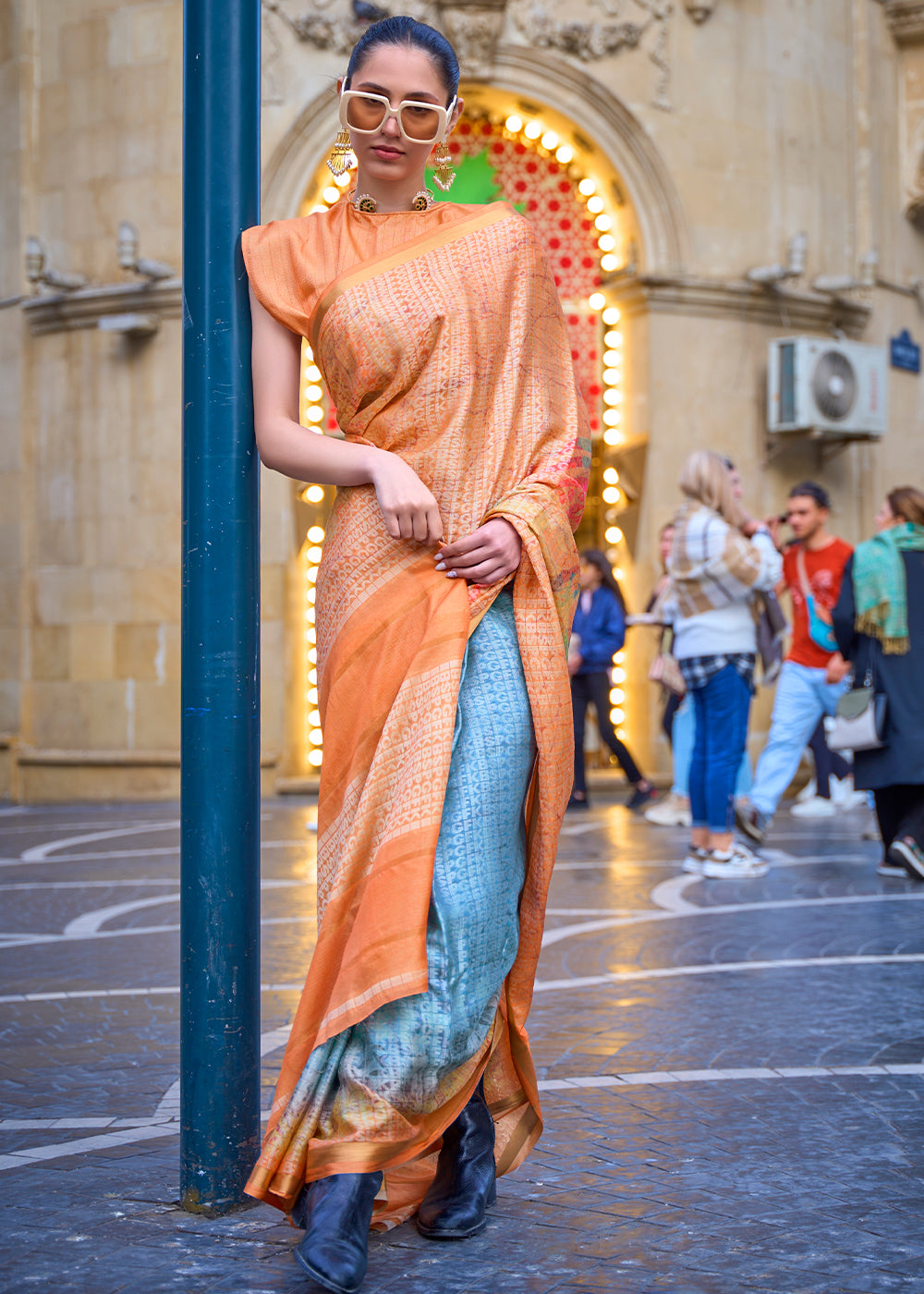 Blue & Orange Digital Printed Poly Viscose Saree - Colorful Saree