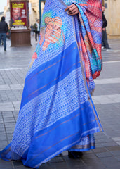 Shades Of Blue Digital Printed Poly Viscose Saree - Colorful Saree