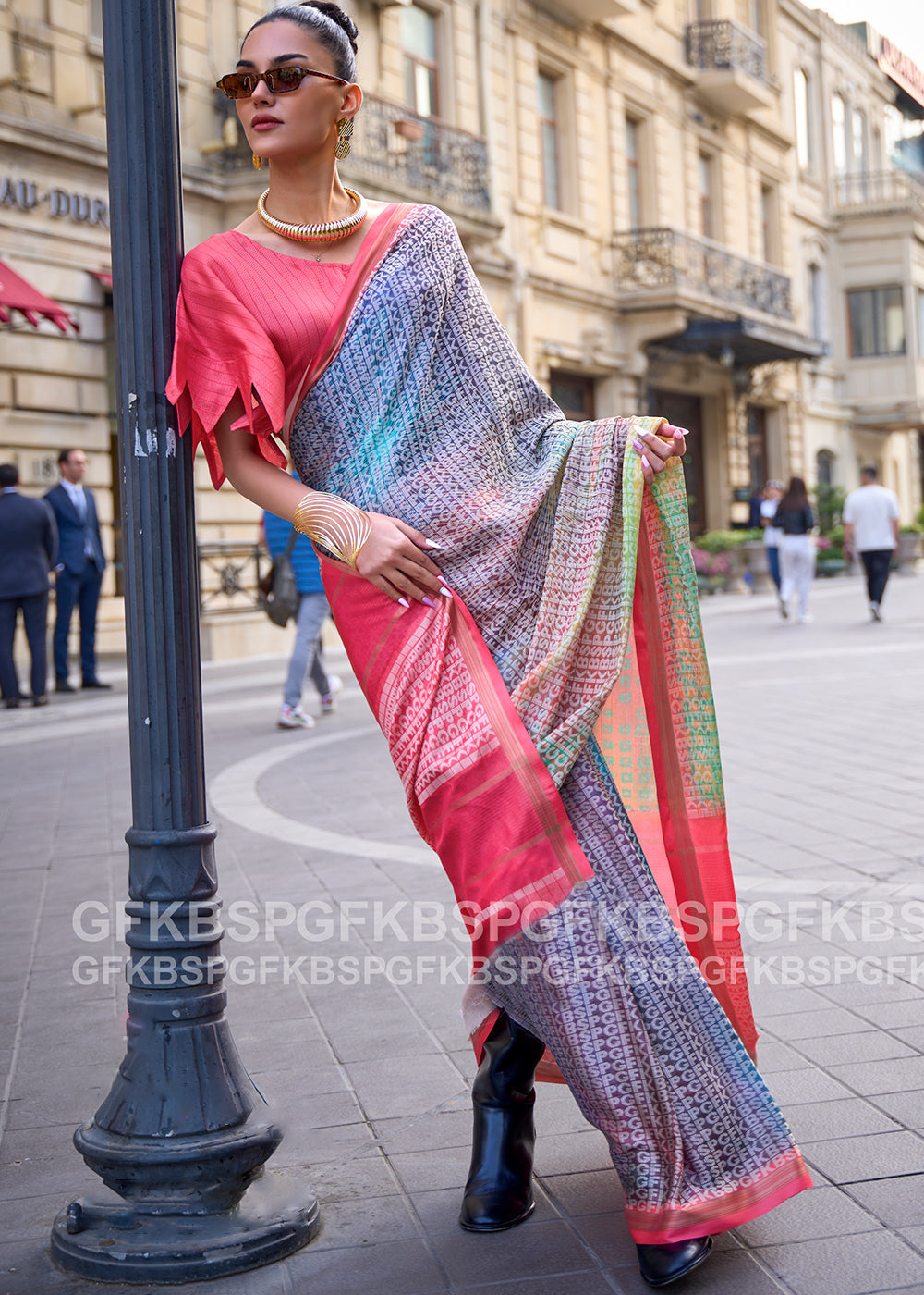 Pink & Blue Digital Printed Poly Viscose Saree - Colorful Saree