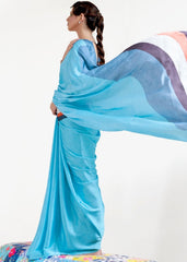 Baby Blue Digital Printed Satin Crepe Saree - Colorful Saree