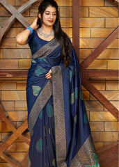 Navy Blue Silk Saree with Zari Border - Colorful Saree