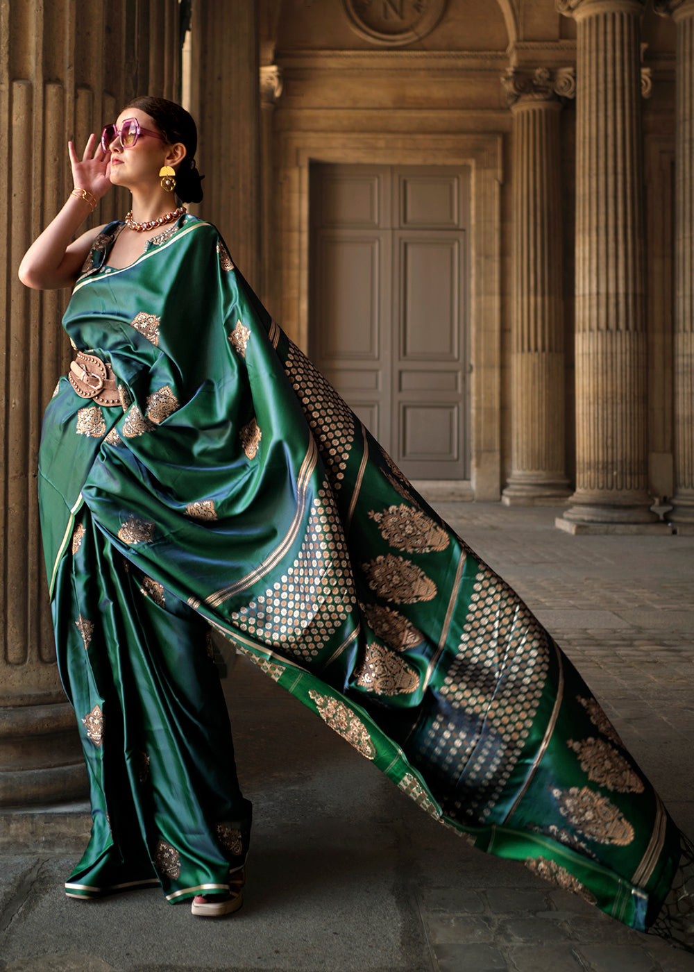 Dark Green Handloom Woven Satin Silk Saree - Colorful Saree