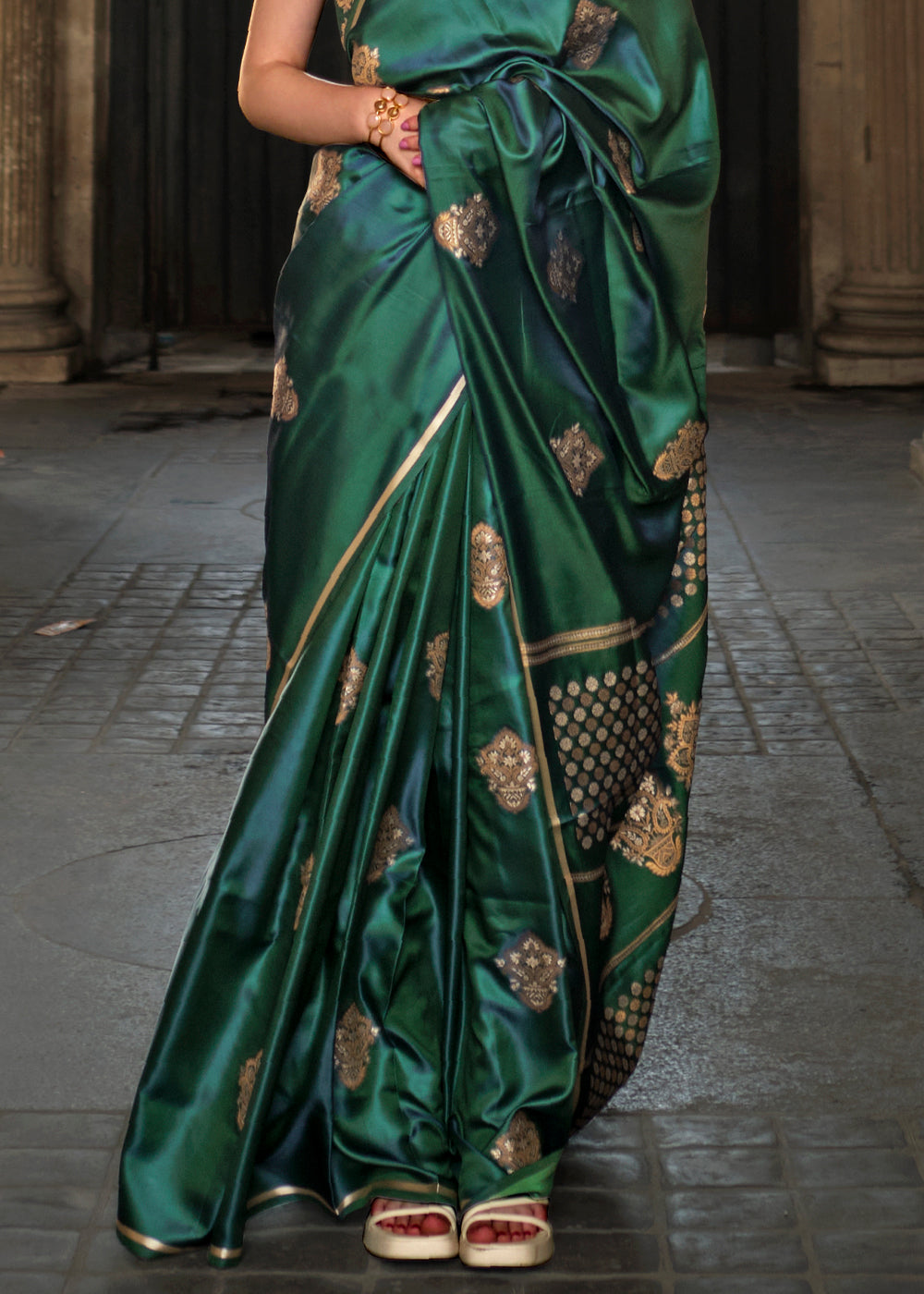 Dark Green Handloom Woven Satin Silk Saree - Colorful Saree