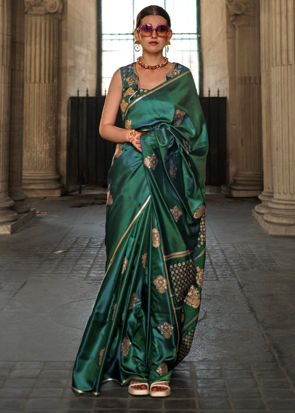 Dark Green Handloom Woven Satin Silk Saree - Colorful Saree