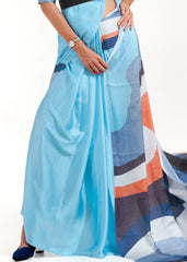 Baby Blue Digital Printed Satin Crepe Saree - Colorful Saree