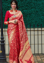 Cherry Red Banarasi Silk Saree with Floral Zari work - Colorful Saree