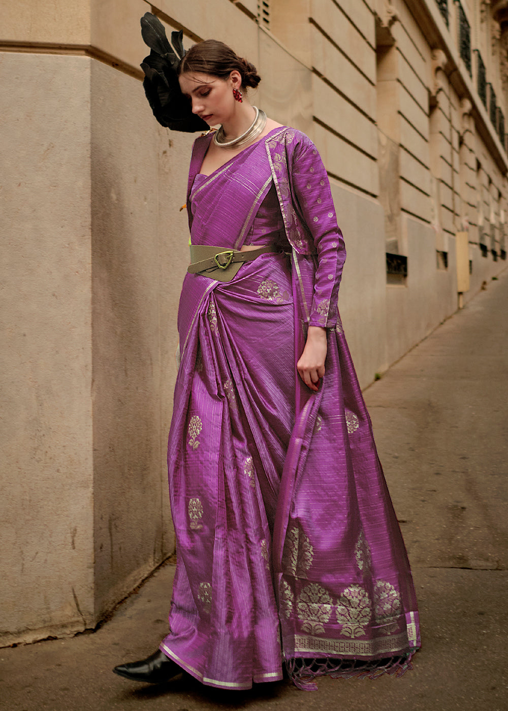 Neon Purple Zari Handloom Woven Satin Silk Saree - Colorful Saree