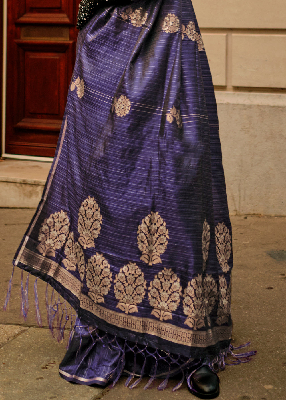 Indigo Purple Zari Handloom Woven Satin Silk Saree - Colorful Saree