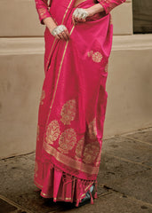 Cerise Pink Zari Handloom Woven Satin Silk Saree - Colorful Saree