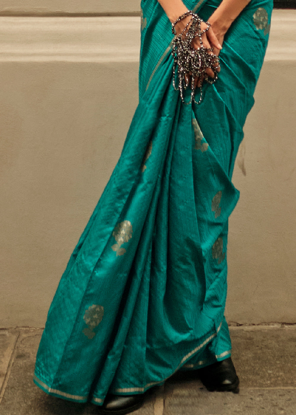 Dark Cyan Green Zari Handloom Woven Satin Silk Saree - Colorful Saree