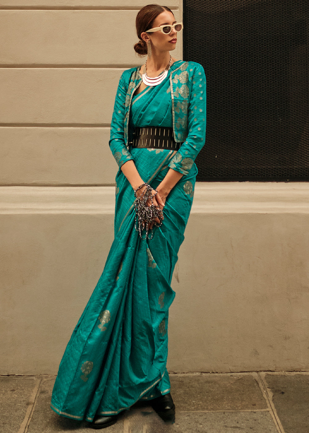 Dark Cyan Green Zari Handloom Woven Satin Silk Saree - Colorful Saree