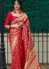 Cherry Red Banarasi Silk Saree with Floral Zari work - Colorful Saree