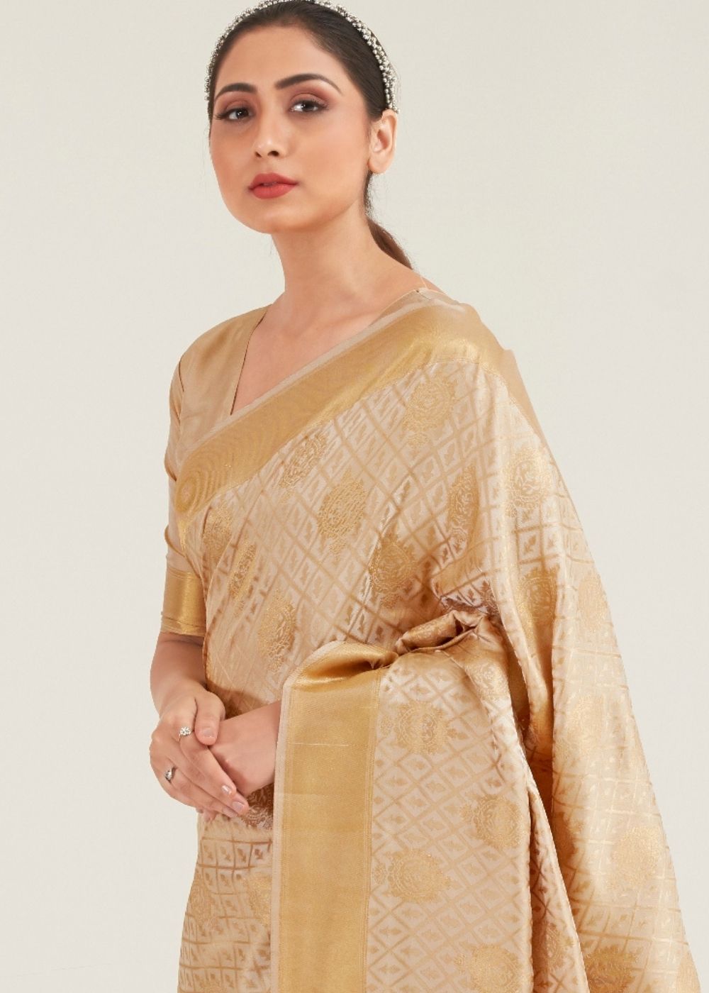 Beige Golden Zari Butta Woven Banasari Silk Saree - Colorful Saree